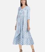 Vbuyz Women's Foil Print & Embroidered Anarkali Rayon Sky Blue Kurti