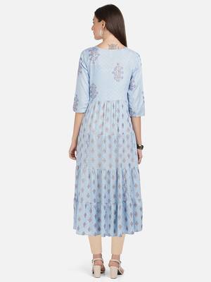 Vbuyz Women's Foil Print & Embroidered Anarkali Rayon Sky Blue Kurti 2