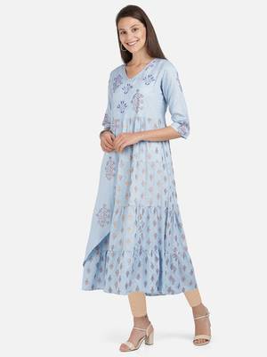 Vbuyz Women's Foil Print & Embroidered Anarkali Rayon Sky Blue Kurti 3
