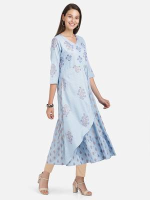 Vbuyz Women's Foil Print & Embroidered Anarkali Rayon Sky Blue Kurti 4