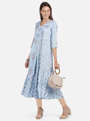 Vbuyz Women's Foil Print & Embroidered Anarkali Rayon Sky Blue Kurti 7