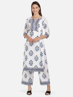 Vbuyz Women's Floral Print Straight Cotton White Kurta With Palazzo 1