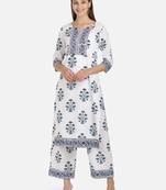 Vbuyz Women's Floral Print Straight Cotton White Kurta With Palazzo