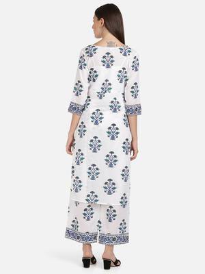 Vbuyz Women's Floral Print Straight Cotton White Kurta With Palazzo 2