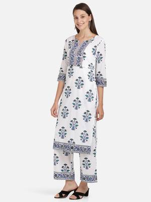 Vbuyz Women's Floral Print Straight Cotton White Kurta With Palazzo 3