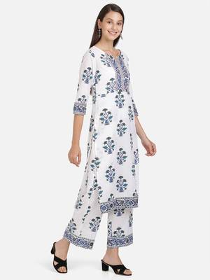 Vbuyz Women's Floral Print Straight Cotton White Kurta With Palazzo 4