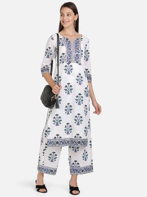 Vbuyz Women's Floral Print Straight Cotton White Kurta With Palazzo 7