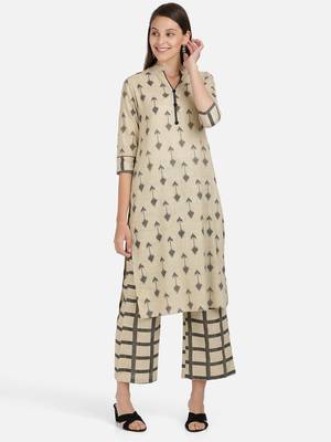 Vbuyz Women's Arrow Print Straight Cotton Beige Kurta With Palazzo 1