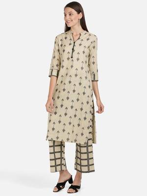 Vbuyz Women's Arrow Print Straight Cotton Beige Kurta With Palazzo 4