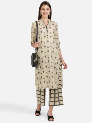 Vbuyz Women's Arrow Print Straight Cotton Beige Kurta With Palazzo 7