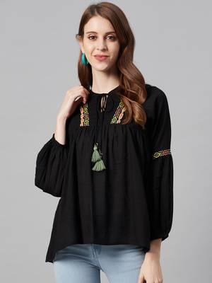 Black Cotton Moss Embroidered Flared Top 1