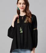 Black Cotton Moss Embroidered Flared Top