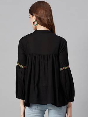 Black Cotton Moss Embroidered Flared Top 2