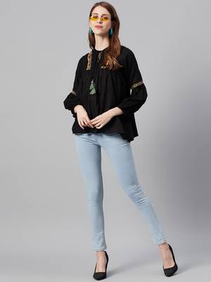 Black Cotton Moss Embroidered Flared Top 3