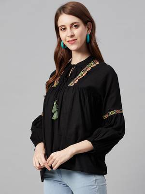 Black Cotton Moss Embroidered Flared Top 4