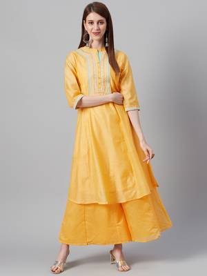 Mustard Chanderi Silk Embroidered Straight Kurta 1