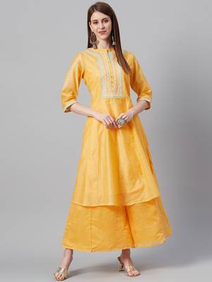 Mustard Chanderi Silk Embroidered Straight Kurta 3