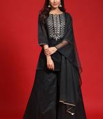 Black Chanderi Silk Embroidered Straight Kurta Palazzo Dupatta Set