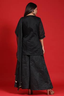 Black Chanderi Silk Embroidered Straight Kurta Palazzo Dupatta Set 2