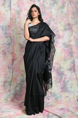 Black woven blended cotton saree with blouse 1