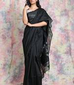 Black woven blended cotton saree with blouse