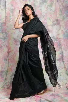 Black woven blended cotton saree with blouse