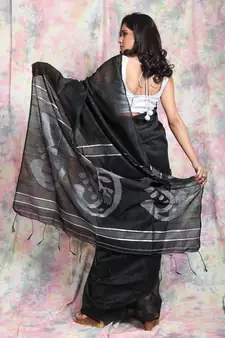 Black woven blended cotton saree with blouse