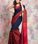 Navy blue woven cotton saree with blouse