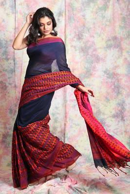 Navy blue woven cotton saree with blouse 2