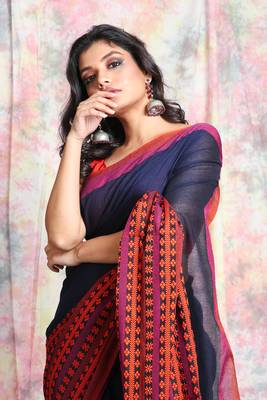 Navy blue woven cotton saree with blouse 4