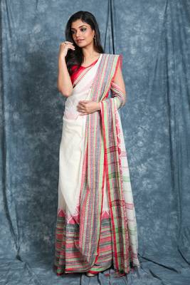 White woven cotton saree with blouse 1