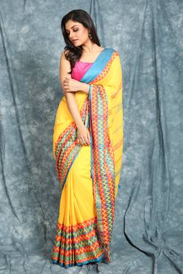 Yellow woven cotton saree with blouse 1