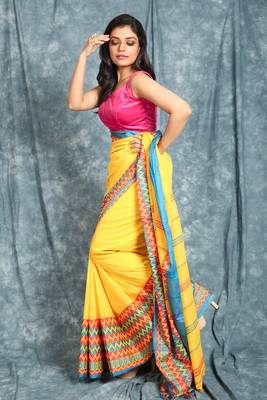 Yellow woven cotton saree with blouse 2