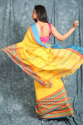 Yellow woven cotton saree with blouse 3