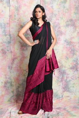 Black woven cotton saree with blouse 1