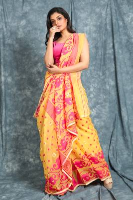 Light yellow jamdani saree with all over work 1