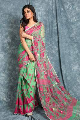 Light green woven blended cotton saree 1