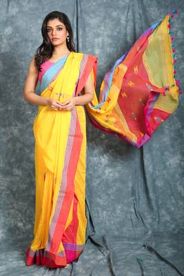Yellow woven cotton saree with blouse 1