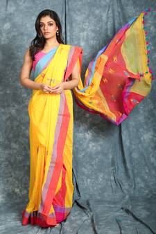 Yellow woven cotton saree with blouse