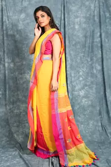Yellow woven cotton saree with blouse