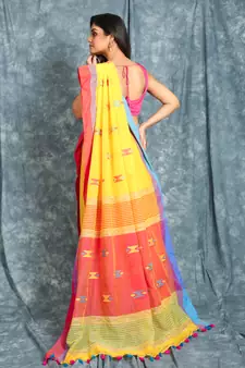 Yellow woven cotton saree with blouse