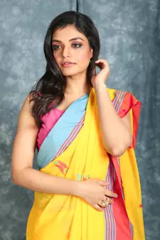 Yellow woven cotton saree with blouse