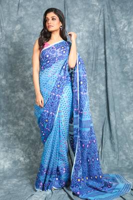 Blue Jamdani Saree With All Over Work Without Blouse 1
