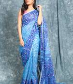 Blue Jamdani Saree With All Over Work Without Blouse
