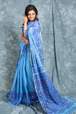 Blue Jamdani Saree With All Over Work Without Blouse 2