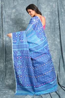 Blue Jamdani Saree With All Over Work Without Blouse 3