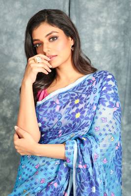 Blue Jamdani Saree With All Over Work Without Blouse 4