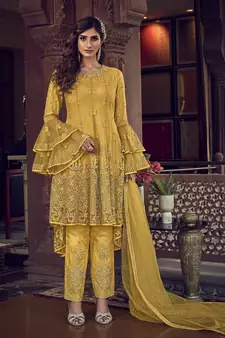 Yellow embroidered net salwar