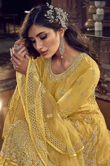 Yellow embroidered net salwar