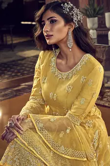 Yellow embroidered net salwar